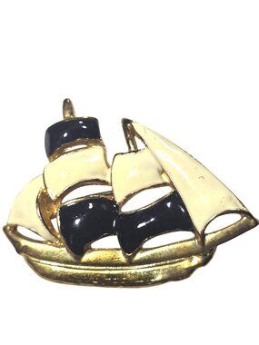 Vintage Gold Tone Sailboat Pin Brooch White Black Enamel Nautical Ocean Sailing